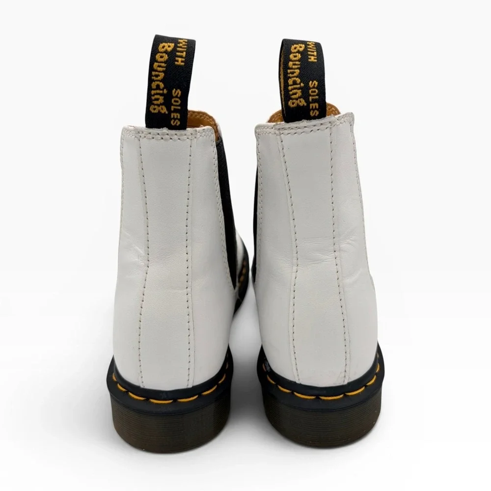 Dr. Martens 2976 Chelsea Boots Sz 9 Women White Leather Ankle Boot Yellow Stitch